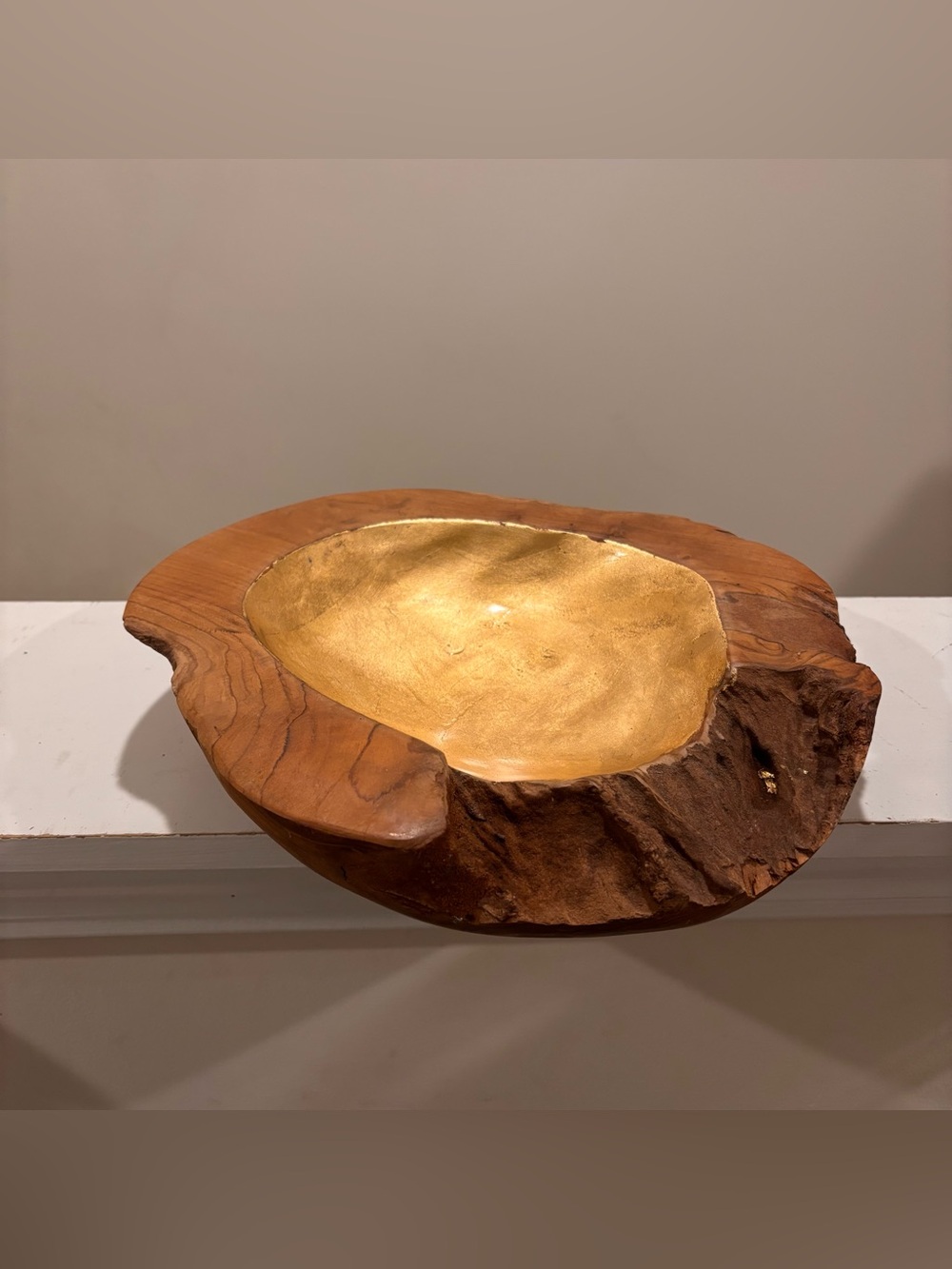Handcrafted Teak Wooden Bowl with Gold Interior - Natural Brown